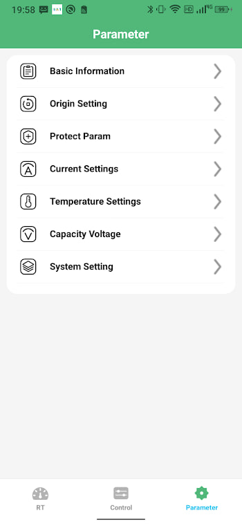 BAT-BMS settings and parameters screen